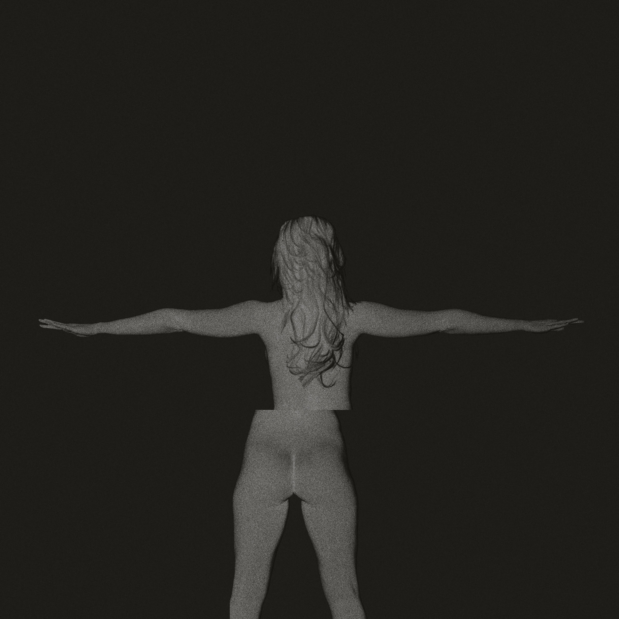 Figure with arms outstretched, seen from behind, black and white