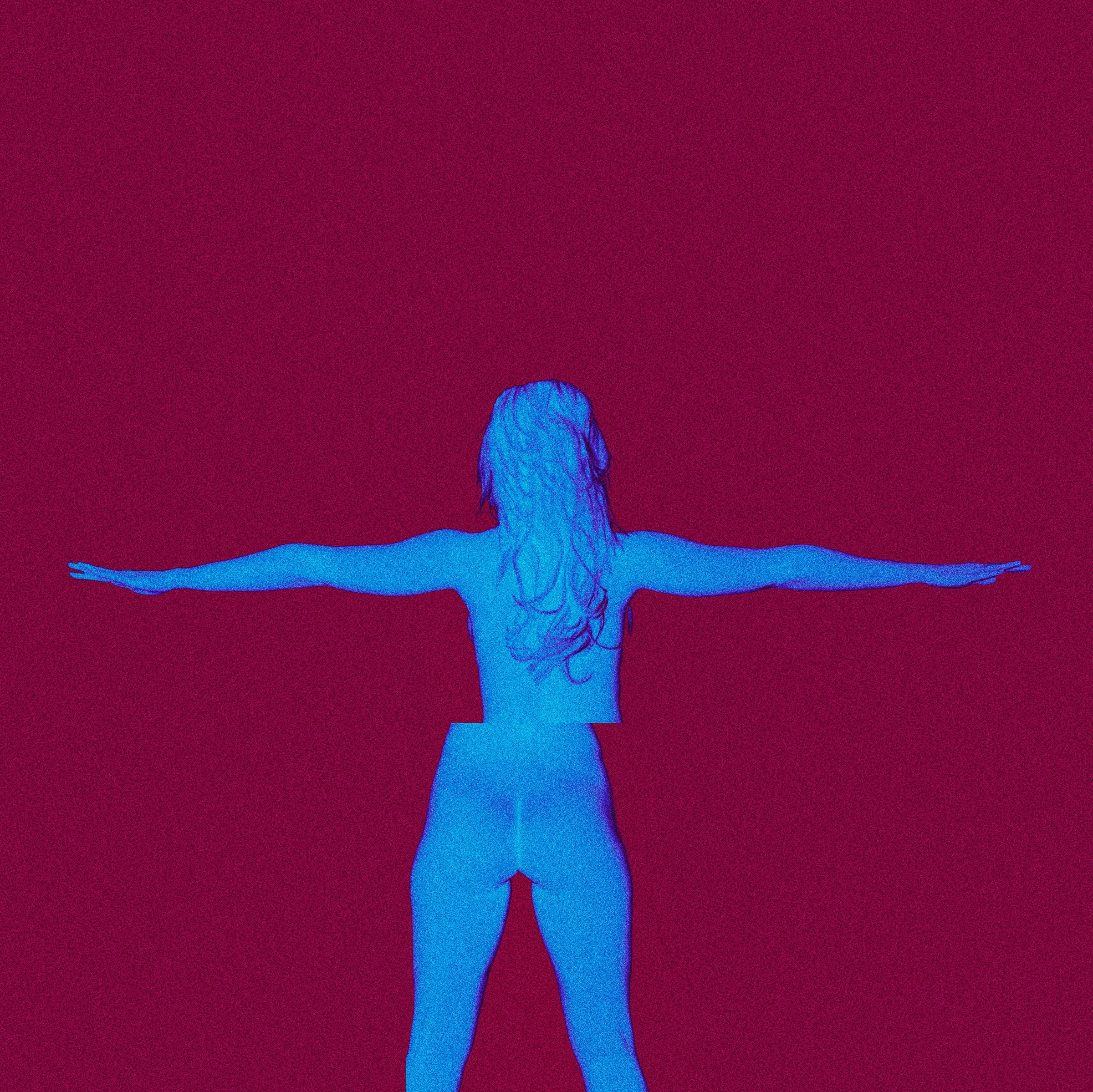 Figure with arms outstretched, blue on magenta