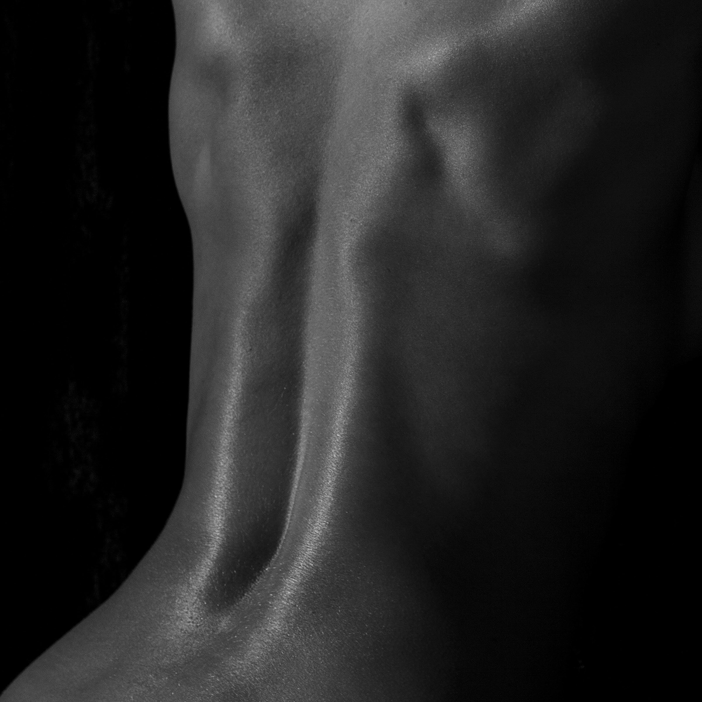 Spine and shoulder blades in raking light